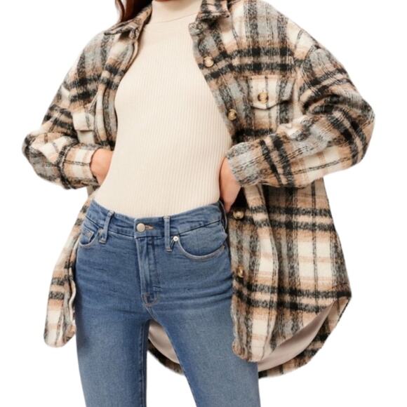NWT Good American Plaid Shacket Neutral Plaid Browns and Black Oversized  S / M - Picture 3 of 8